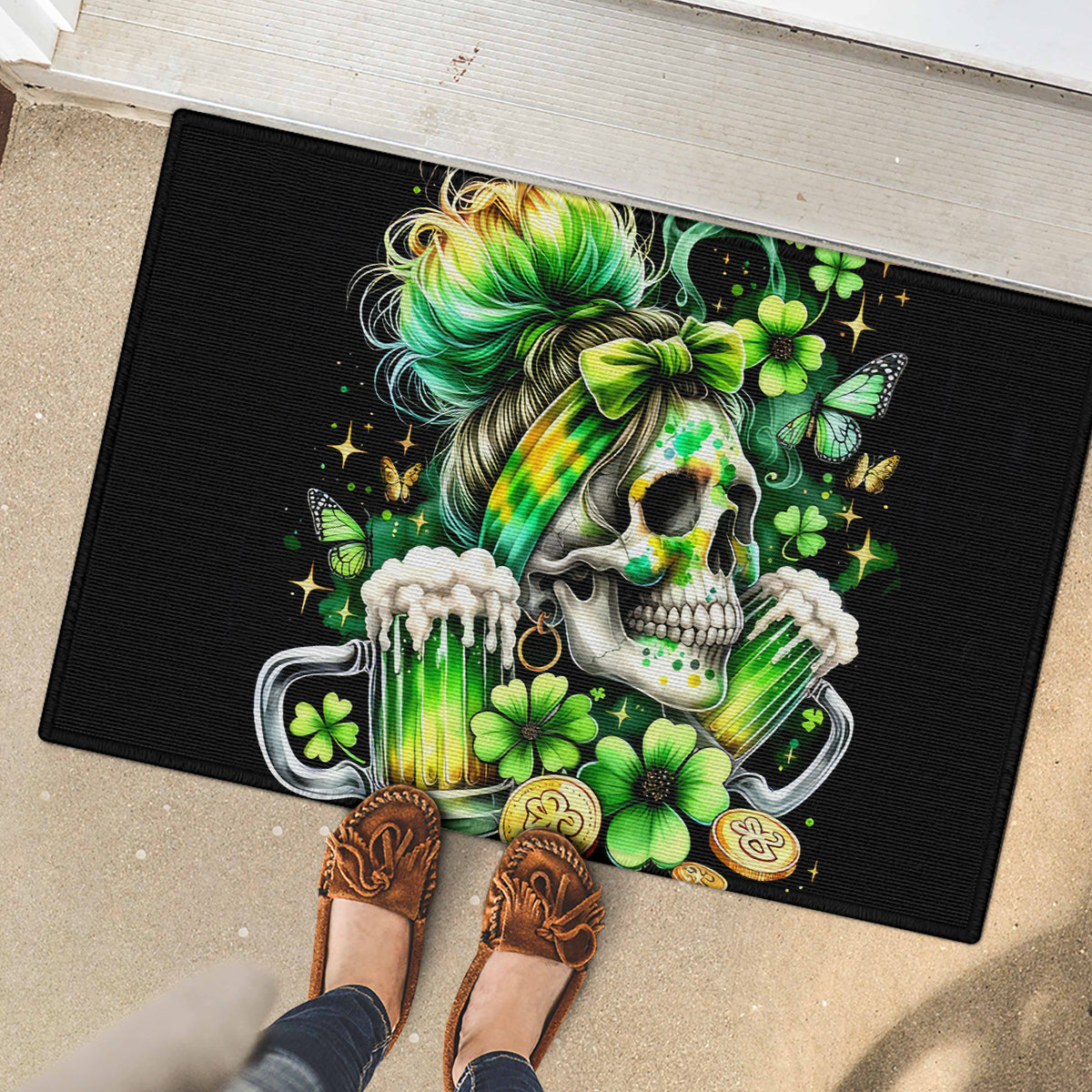 Irish Skull Rubber Doormat Drink Up Bitches