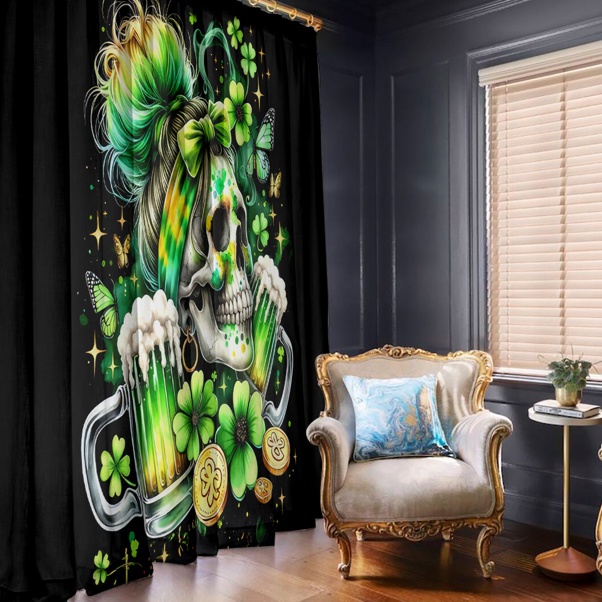 Irish Skull Window Curtain Drink Up Bitches