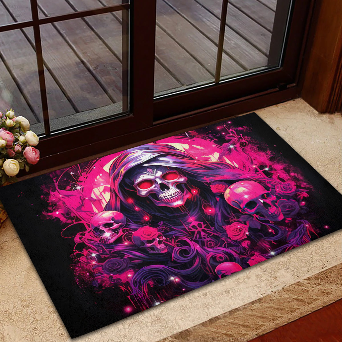 Rose Skull Rubber Doormat Stuck Between IDK IDC And IDGAF