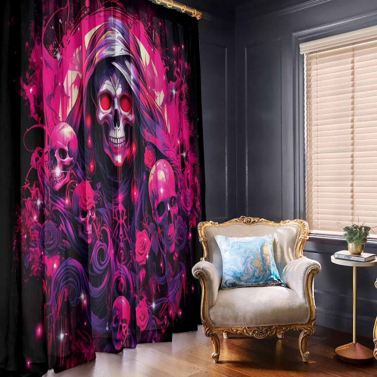 Rose Skull Window Curtain Stuck Between IDK IDC And IDGAF