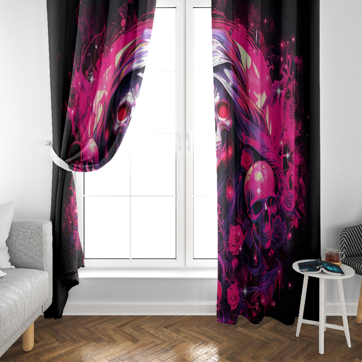 Rose Skull Window Curtain Stuck Between IDK IDC And IDGAF
