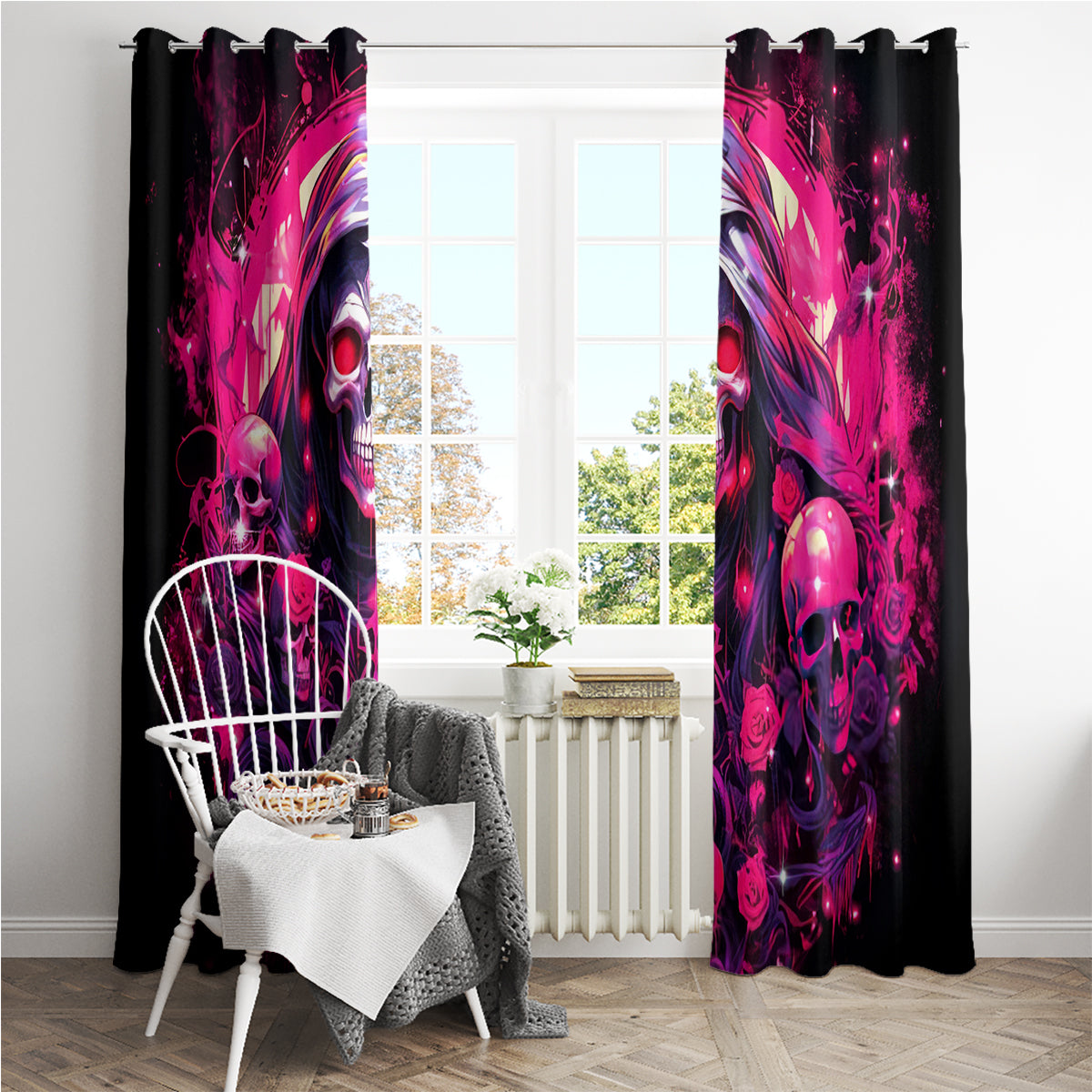 Rose Skull Window Curtain Stuck Between IDK IDC And IDGAF
