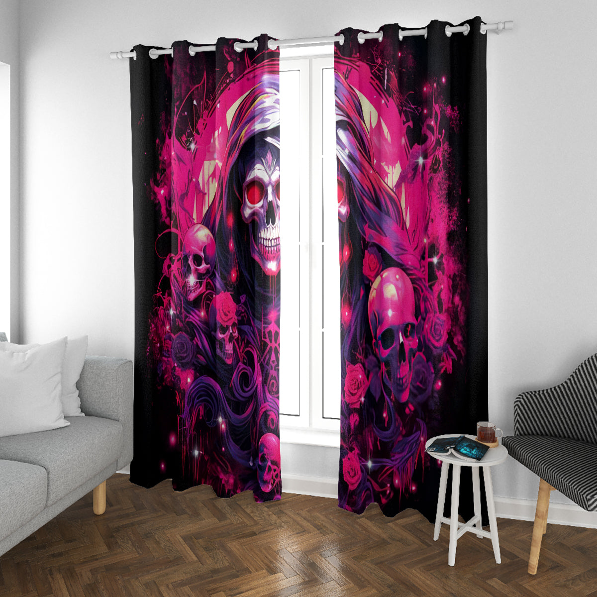 Rose Skull Window Curtain Stuck Between IDK IDC And IDGAF