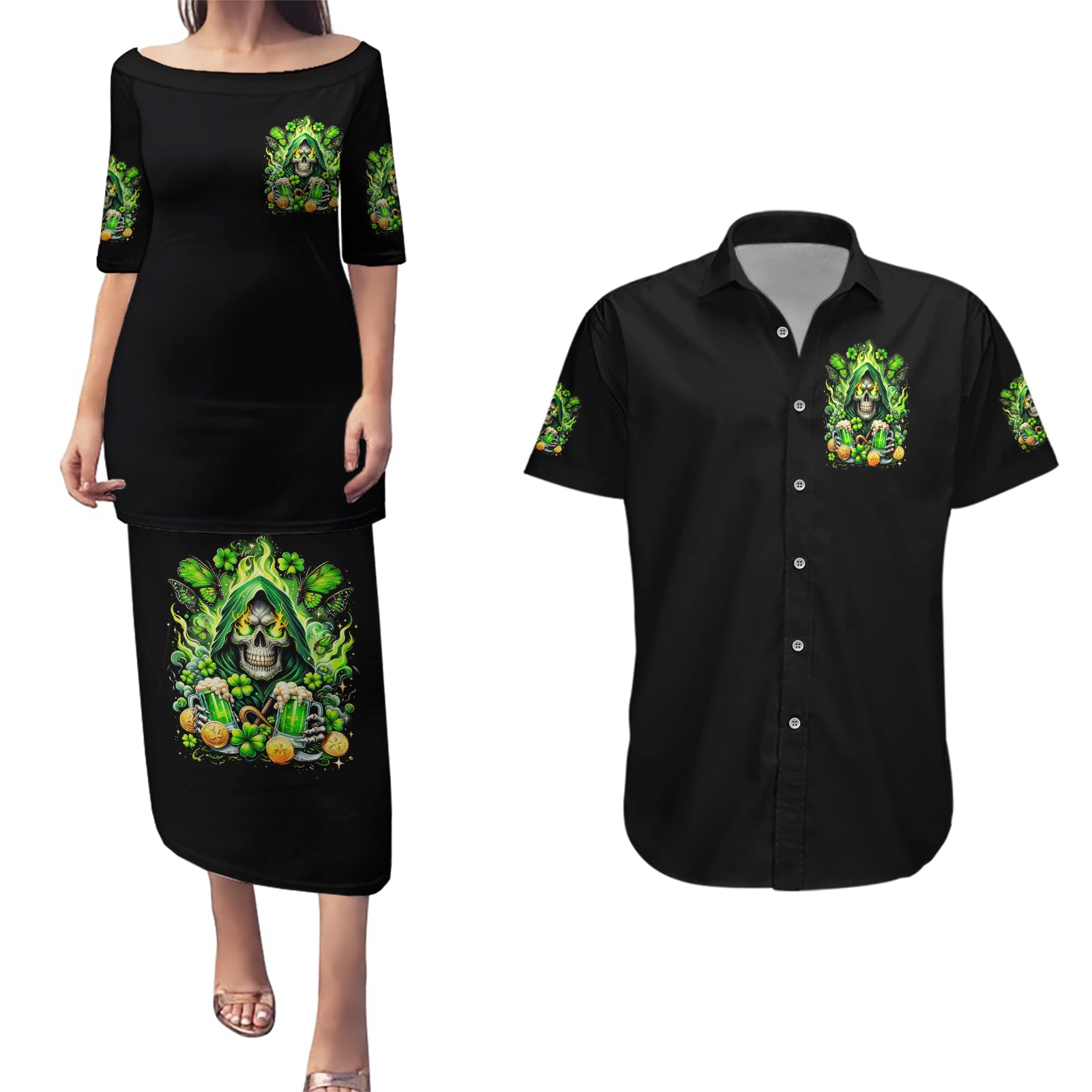 Irish Skull Couples Matching Puletasi and Hawaiian Shirt The Devil Whispered To Me I'm Coming For You