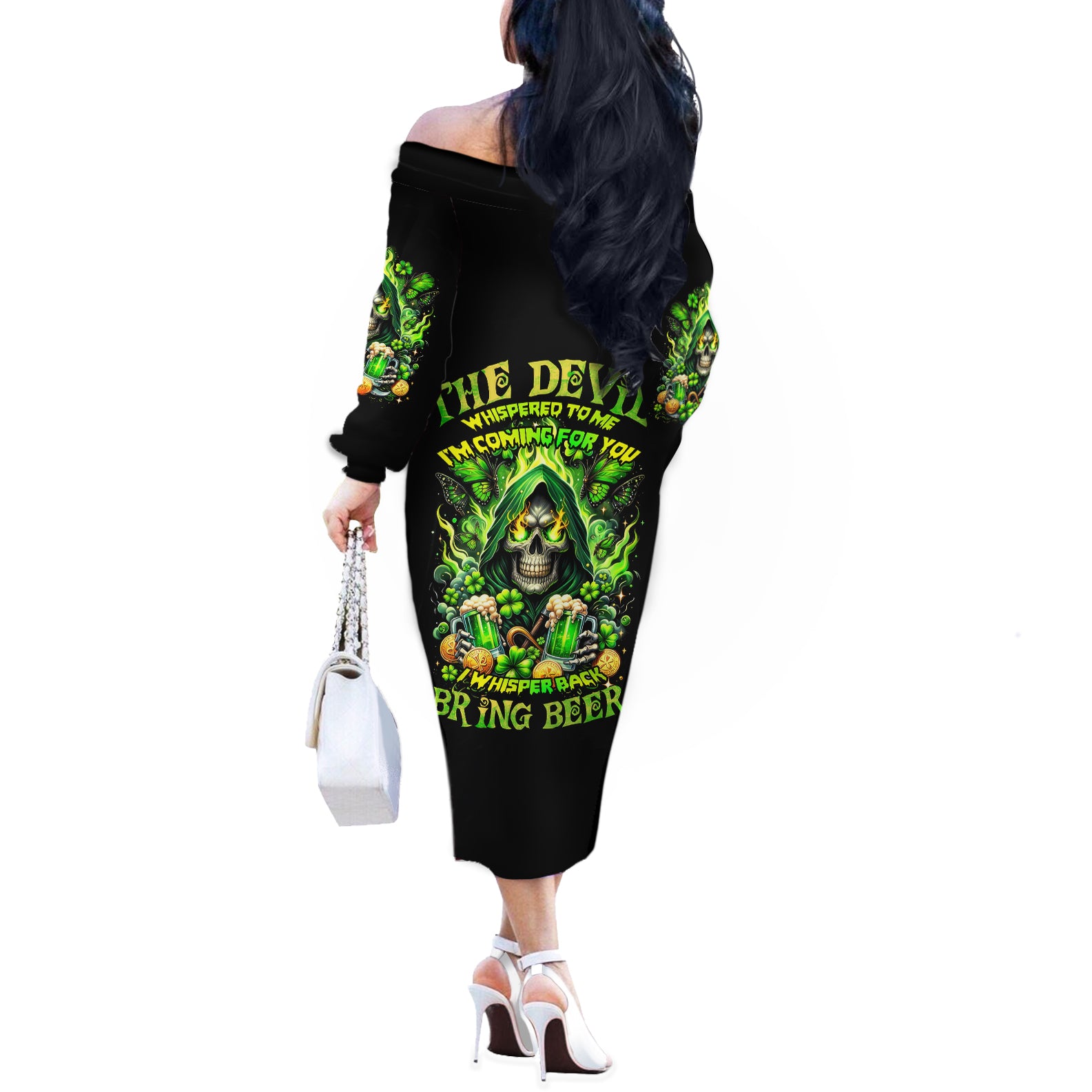 Irish Skull Off The Shoulder Long Sleeve Dress The Devil Whispered To Me I'm Coming For You