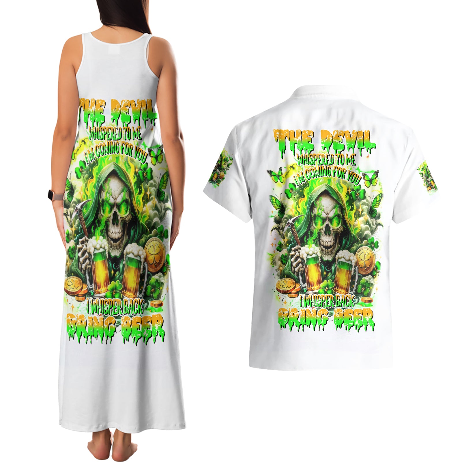 Irish Skull Couples Matching Tank Maxi Dress and Hawaiian Shirt I Whisper Back Bring Beer