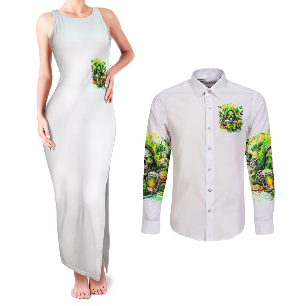 Irish Skull Couples Matching Tank Maxi Dress and Long Sleeve Button Shirt I Whisper Back Bring Beer