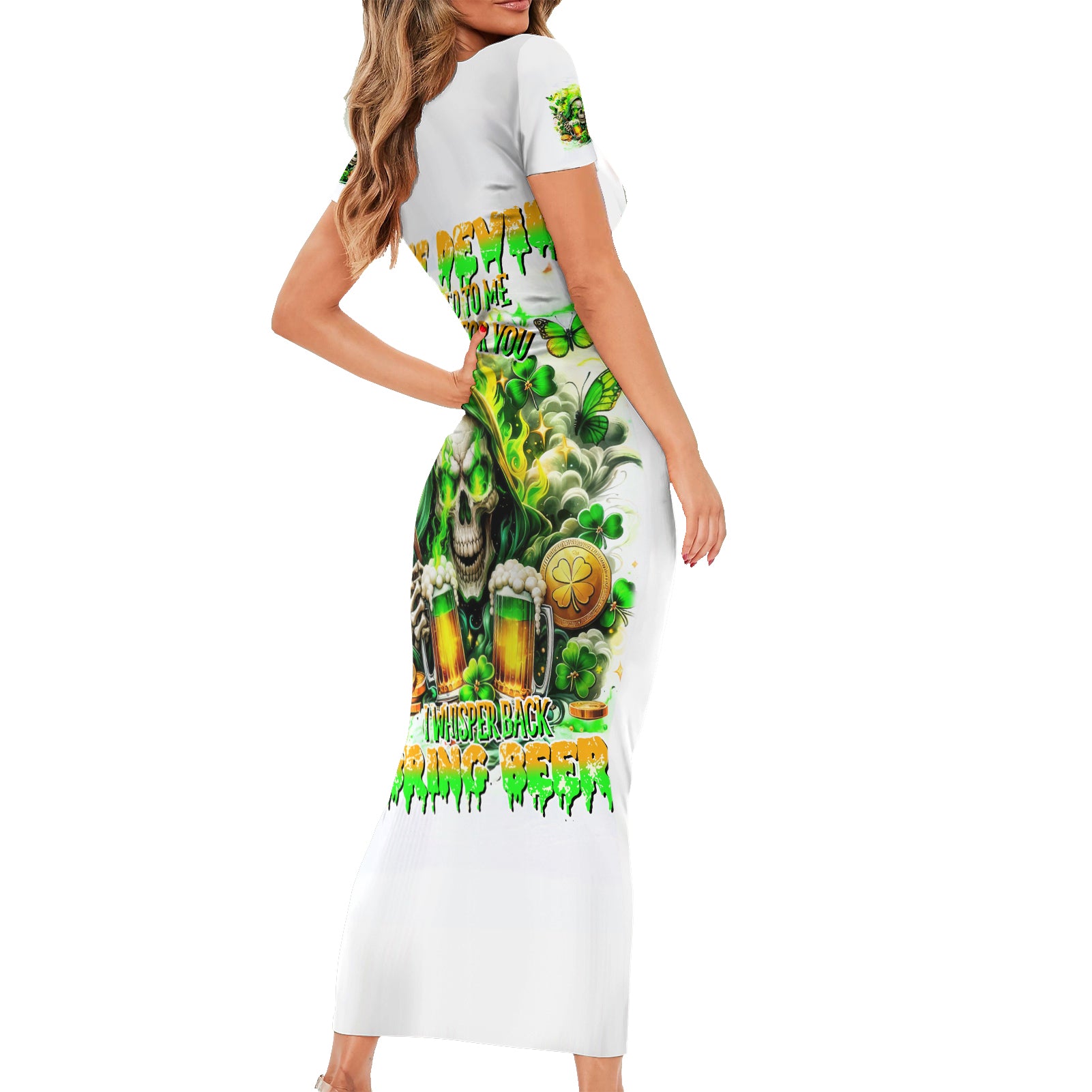 Irish Skull Short Sleeve Bodycon Dress I Whisper Back Bring Beer