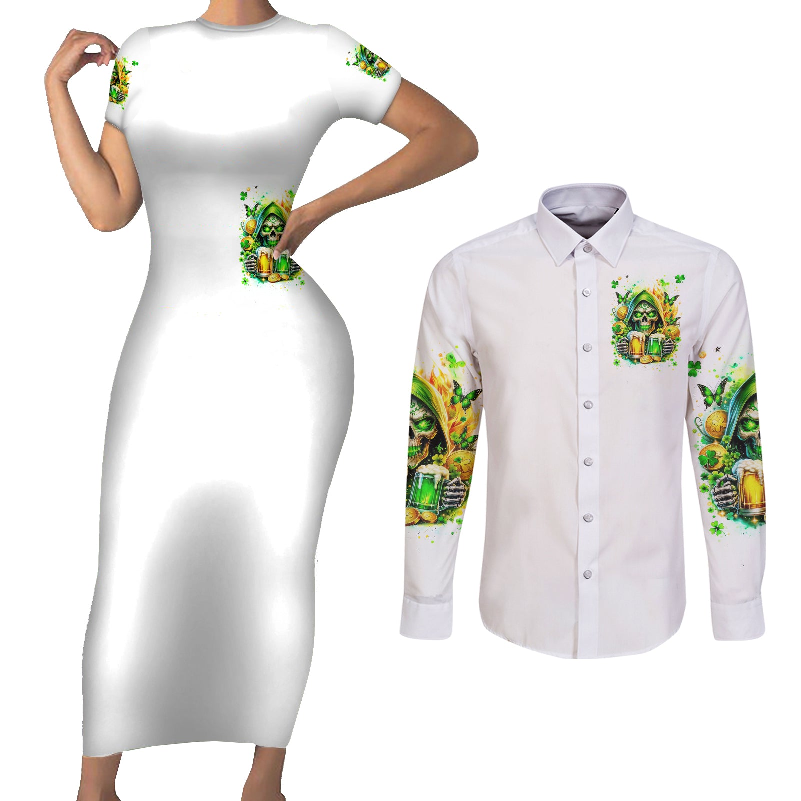 Irish Skull Couples Matching Short Sleeve Bodycon Dress and Long Sleeve Button Shirt To Wash Down Another Beer To Wash Down This Beer