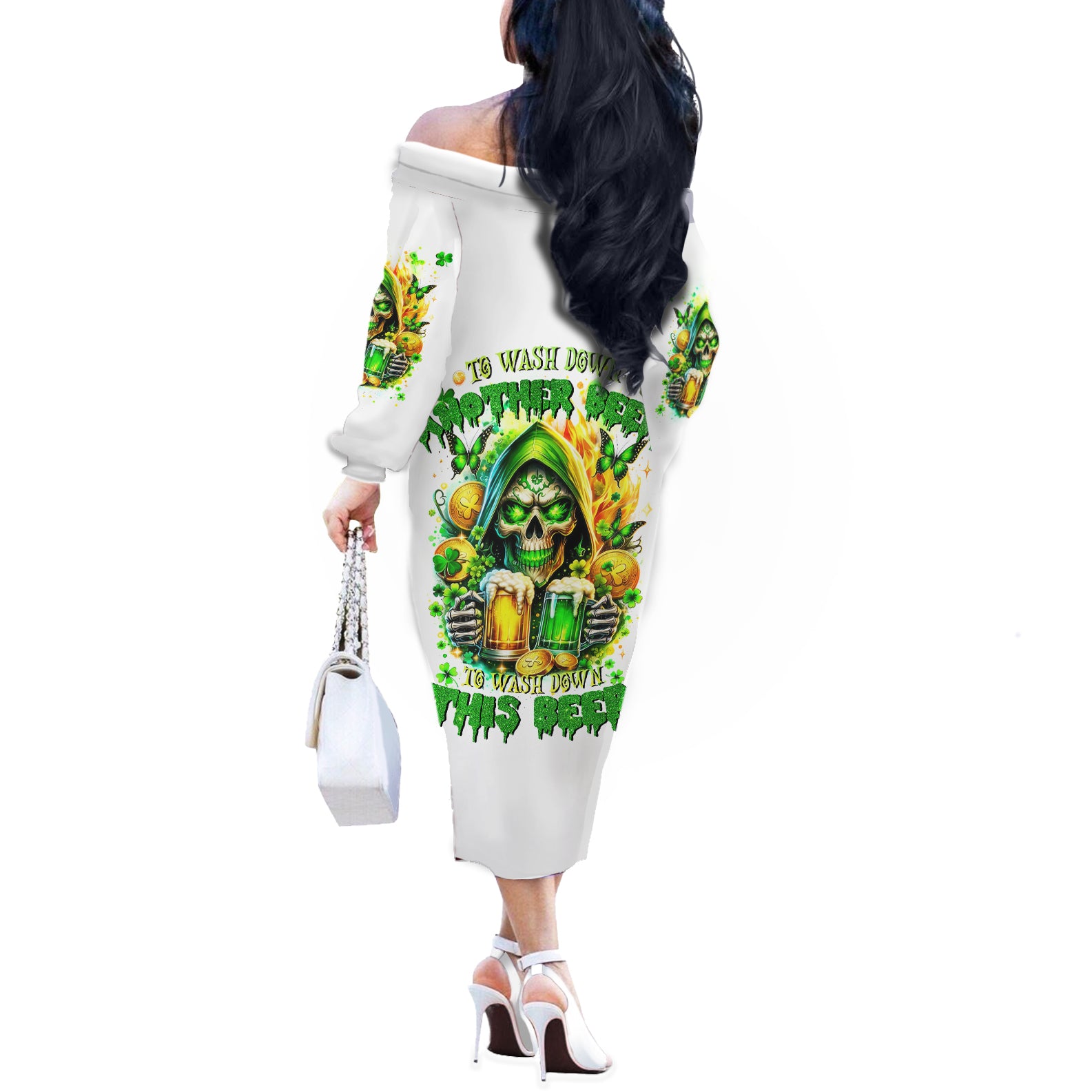 Irish Skull Off The Shoulder Long Sleeve Dress To Wash Down Another Beer To Wash Down This Beer