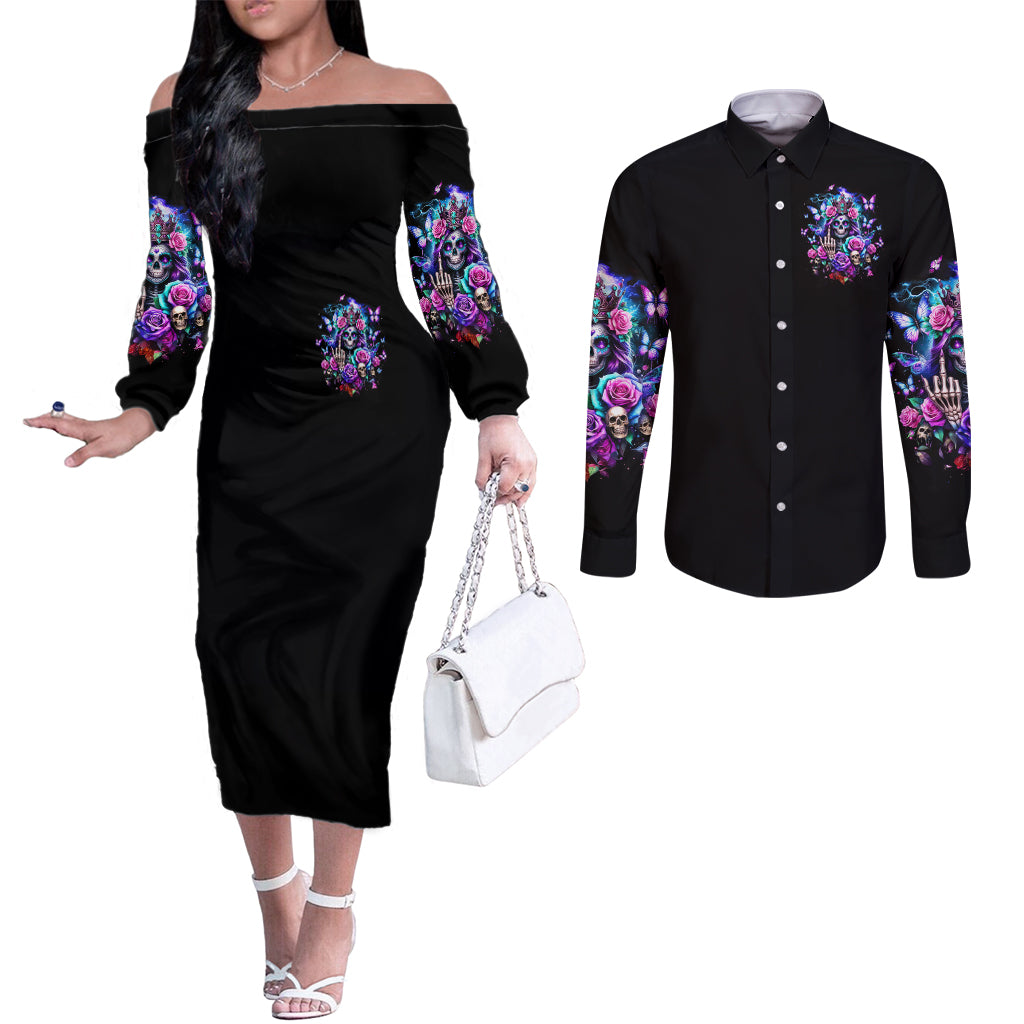 Fairy Skull Couples Matching Off The Shoulder Long Sleeve Dress and Long Sleeve Button Shirt Bitch I'm Not A Princess I'm The Fucking Queen