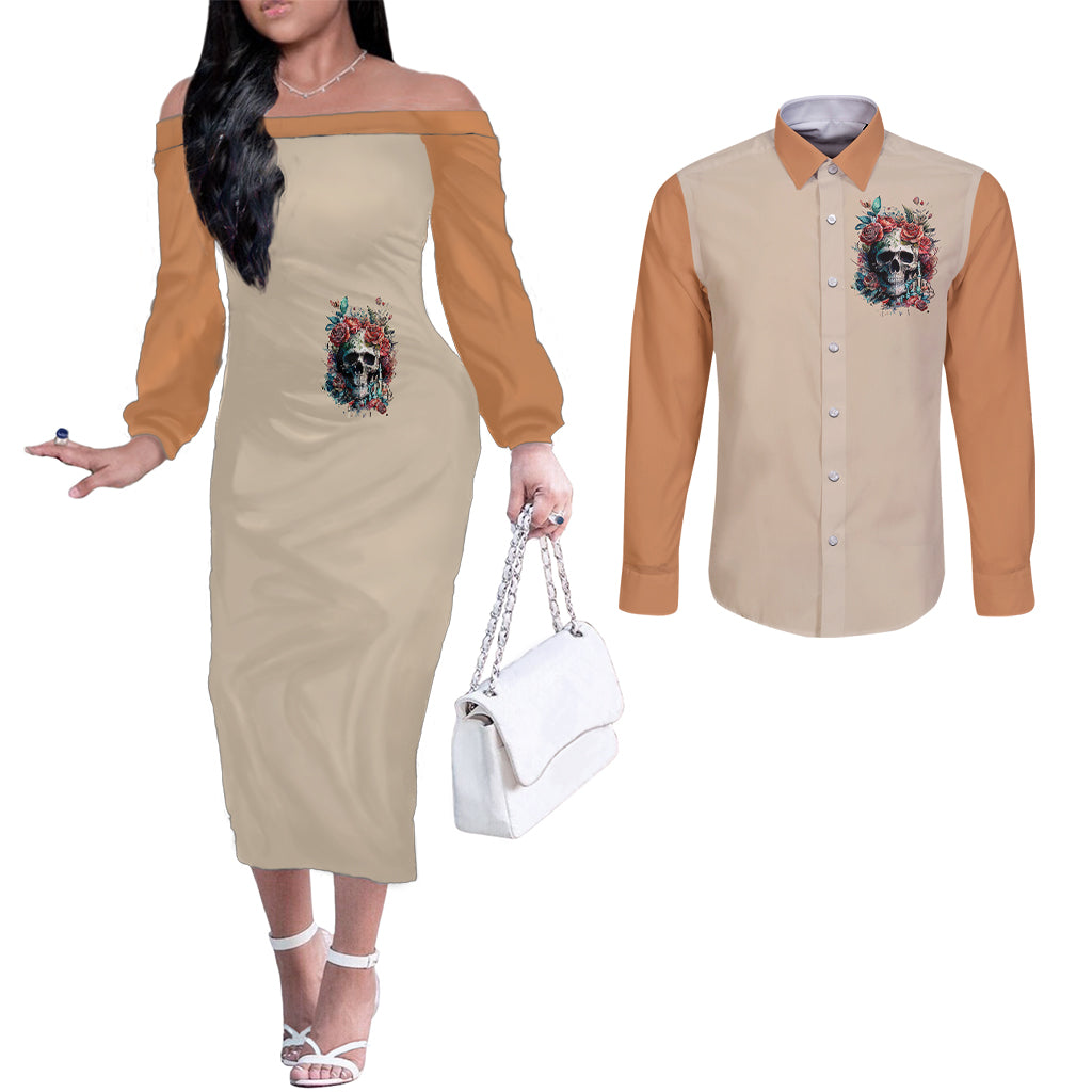 flower-skull-couples-matching-off-the-shoulder-long-sleeve-dress-and-long-sleeve-button-shirts-fresh-out-of-fuck