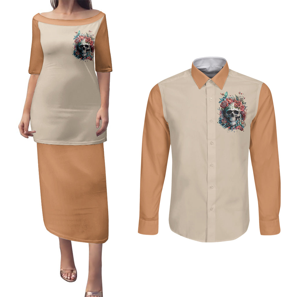 flower-skull-couples-matching-puletasi-dress-and-long-sleeve-button-shirts-fresh-out-of-fuck