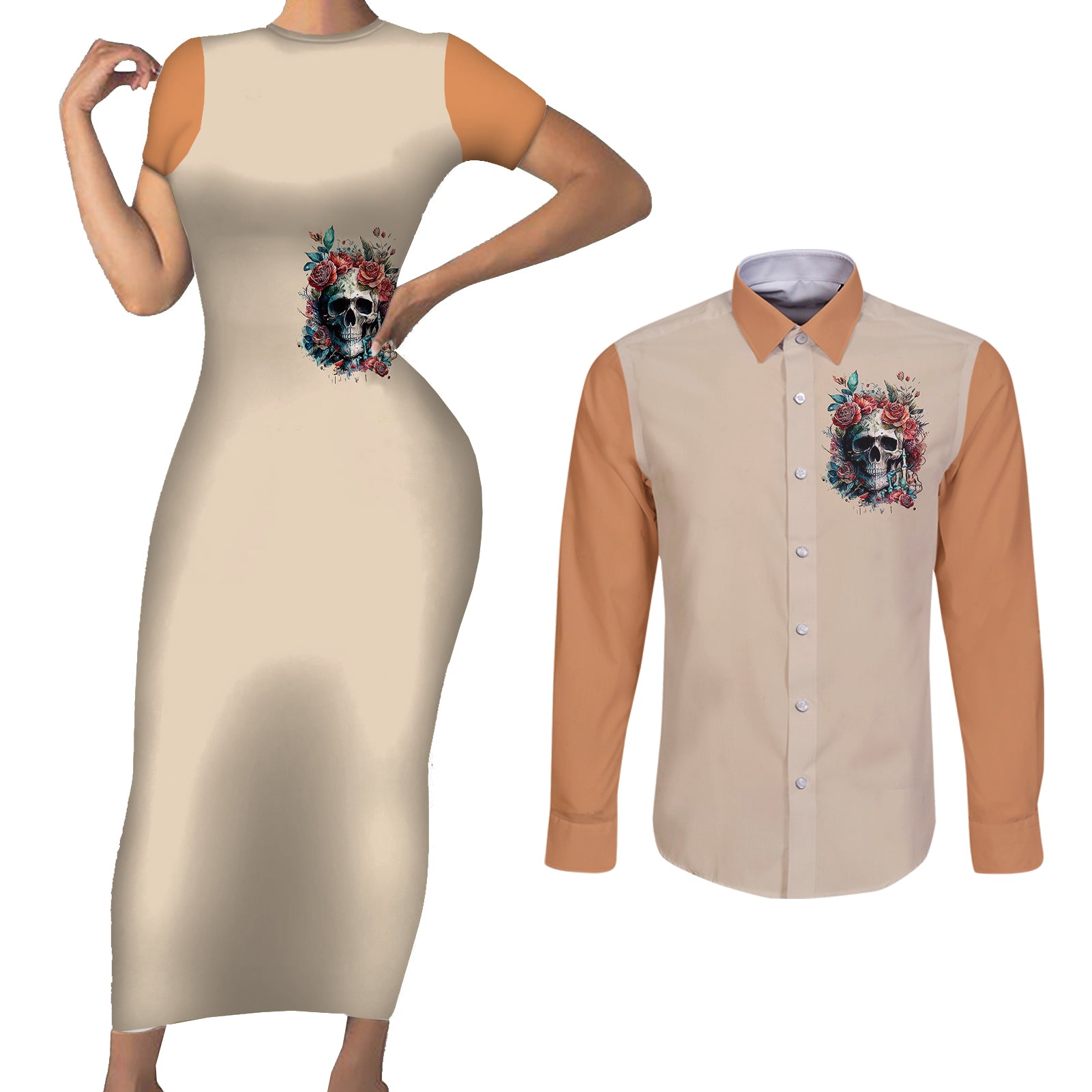 flower-skull-couples-matching-short-sleeve-bodycon-dress-and-long-sleeve-button-shirts-fresh-out-of-fuck