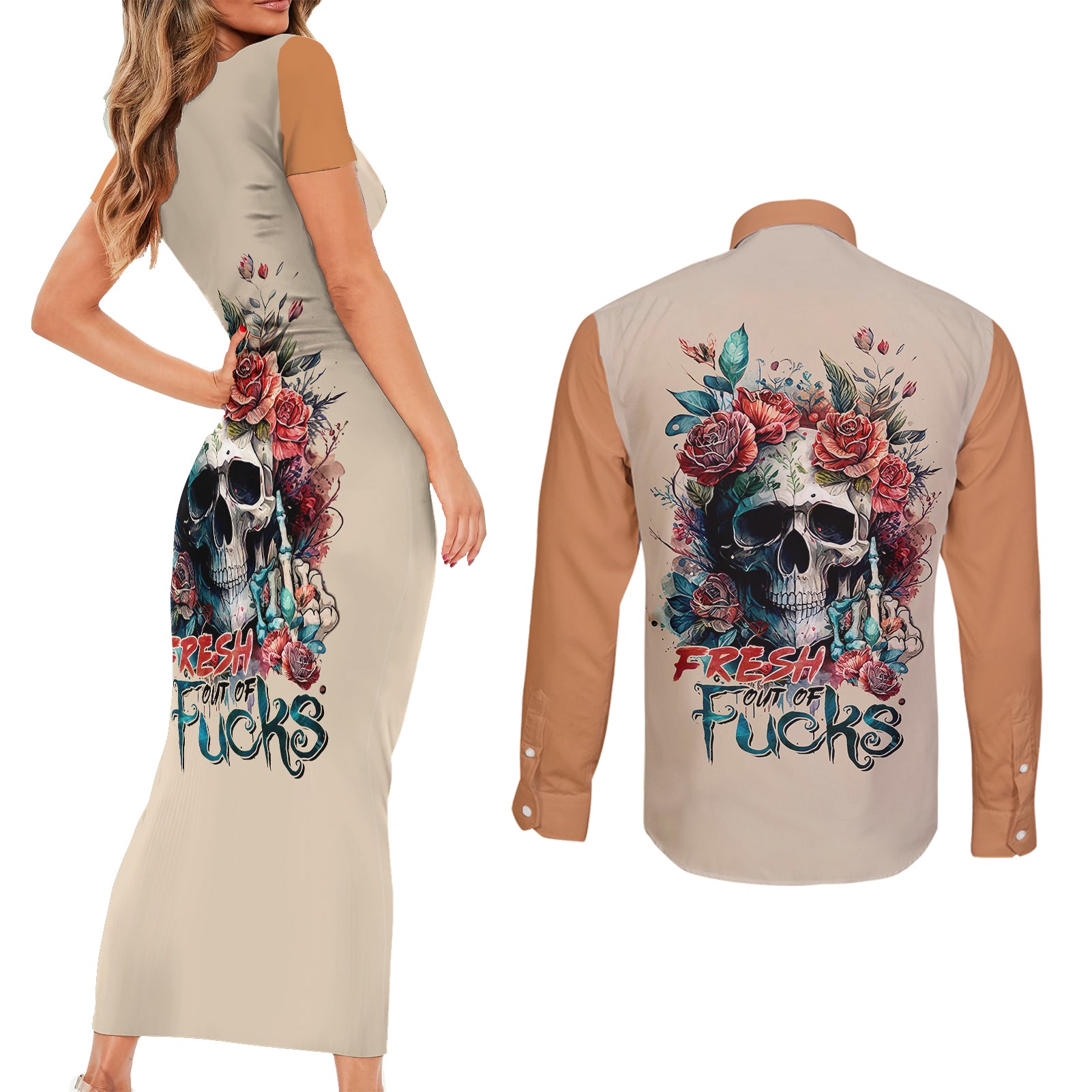 flower-skull-couples-matching-short-sleeve-bodycon-dress-and-long-sleeve-button-shirts-fresh-out-of-fuck