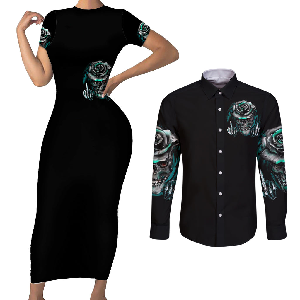 rose-skull-couples-matching-short-sleeve-bodycon-dress-and-long-sleeve-button-shirts-go-fuck-yourself-is-fully-functional