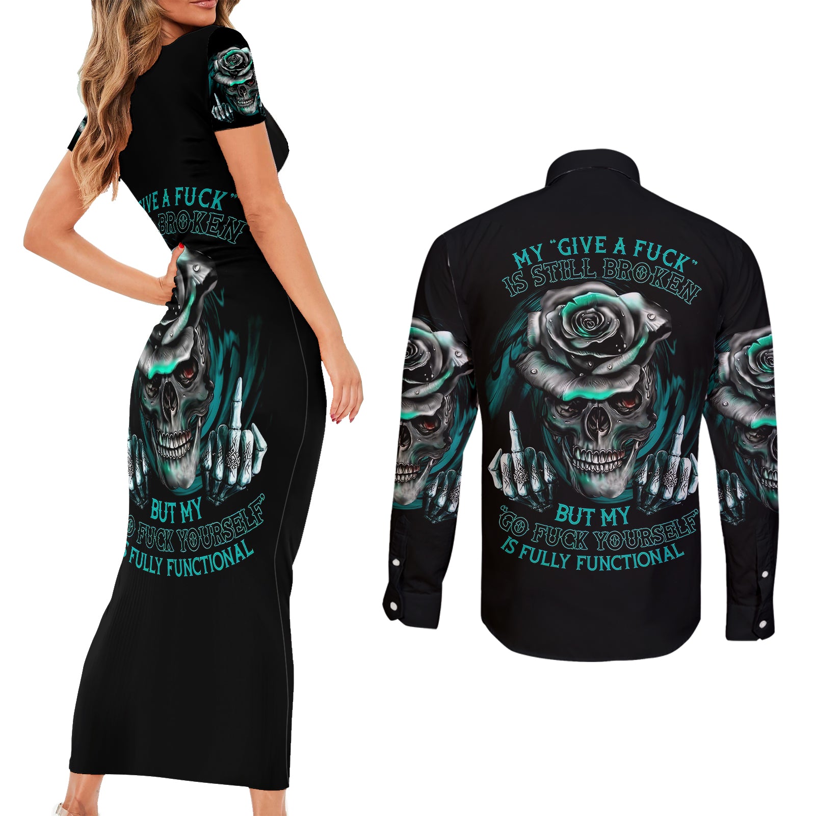 rose-skull-couples-matching-short-sleeve-bodycon-dress-and-long-sleeve-button-shirts-go-fuck-yourself-is-fully-functional
