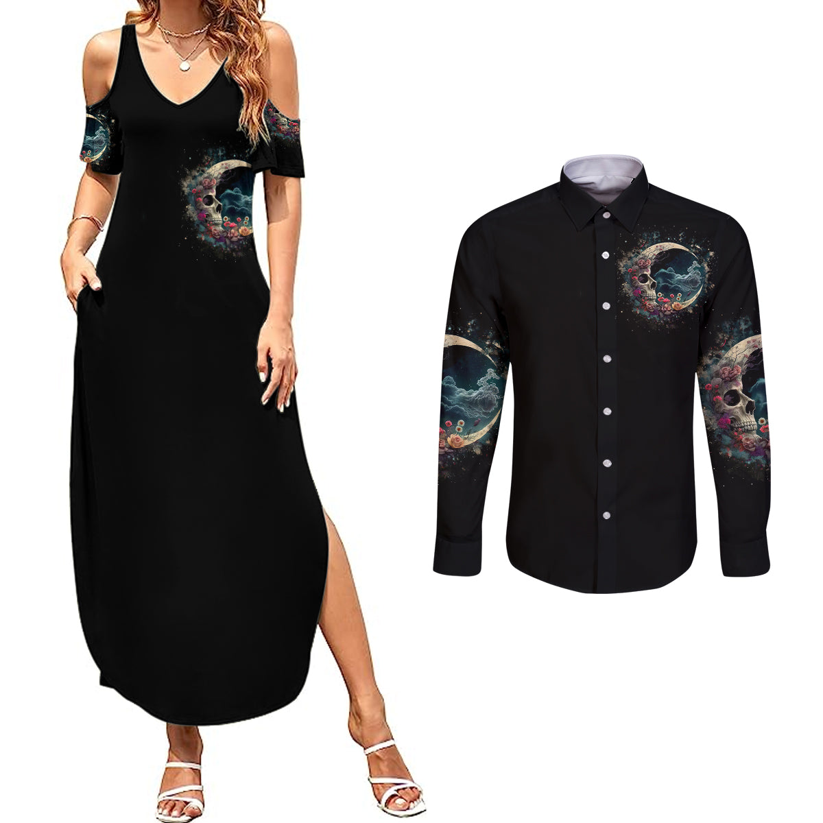 moon-skull-couples-matching-summer-maxi-dress-and-long-sleeve-button-shirts-hello-darkness-my-old-friend-moon