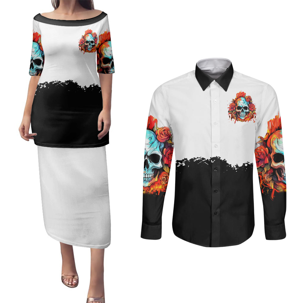 flower-skull-couples-matching-puletasi-dress-and-long-sleeve-button-shirts-dont-try-to-figured-me-out-i-special-kind-fire-flower