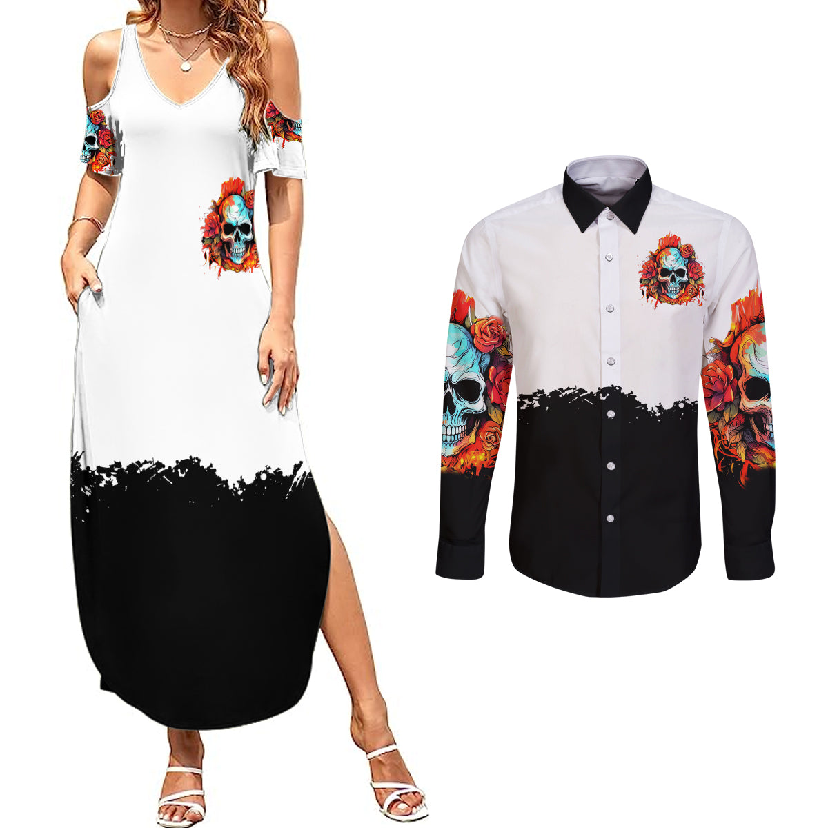 flower-skull-couples-matching-summer-maxi-dress-and-long-sleeve-button-shirts-dont-try-to-figured-me-out-i-special-kind-fire-flower