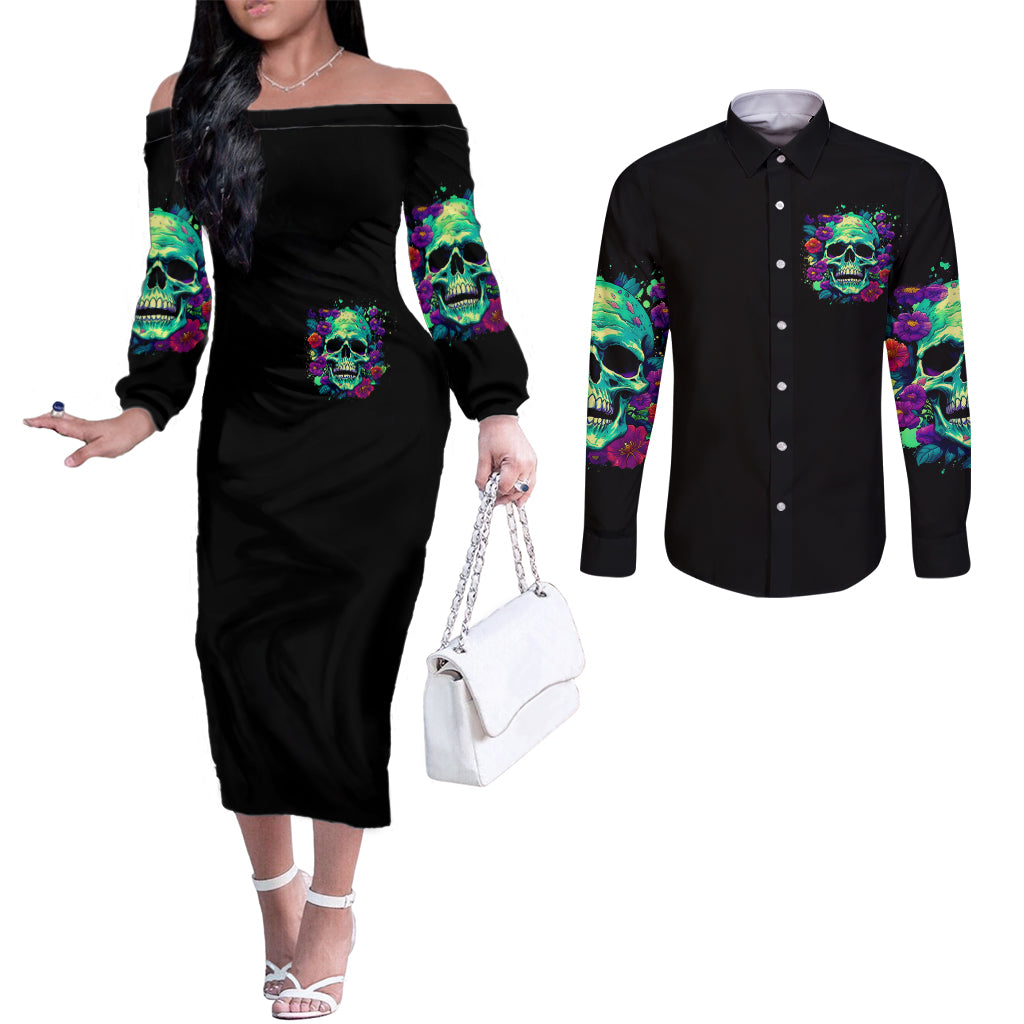 flower-skull-couples-matching-off-the-shoulder-long-sleeve-dress-and-long-sleeve-button-shirts-i-blunt-because-god-rolled-me-that-way