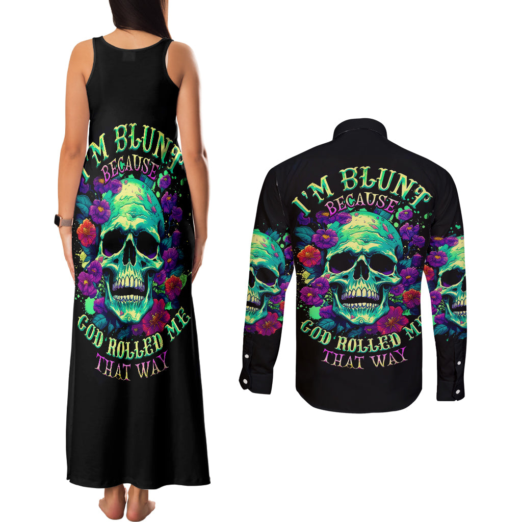 flower-skull-couples-matching-tank-maxi-dress-and-long-sleeve-button-shirts-i-blunt-because-god-rolled-me-that-way