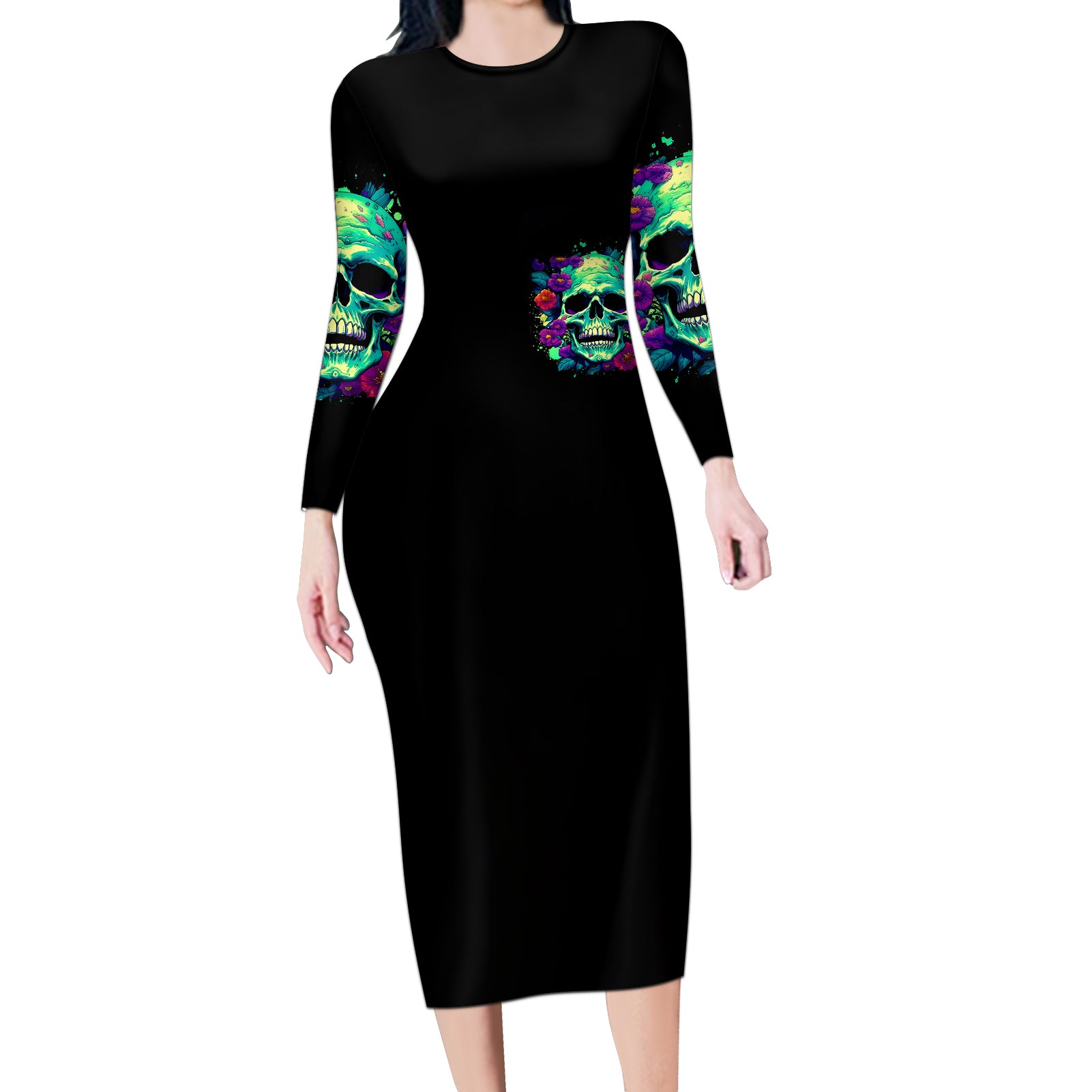 flower-skull-long-sleeve-bodycon-dress-i-blunt-because-god-rolled-me-that-way