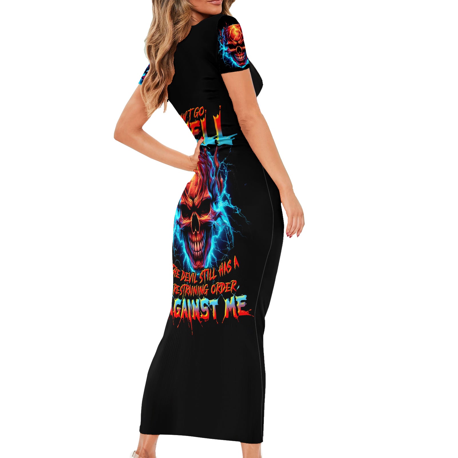 thunder-skull-short-sleeve-bodycon-dress-i-cant-go-to-hell-devil-restrainning-order-against-me