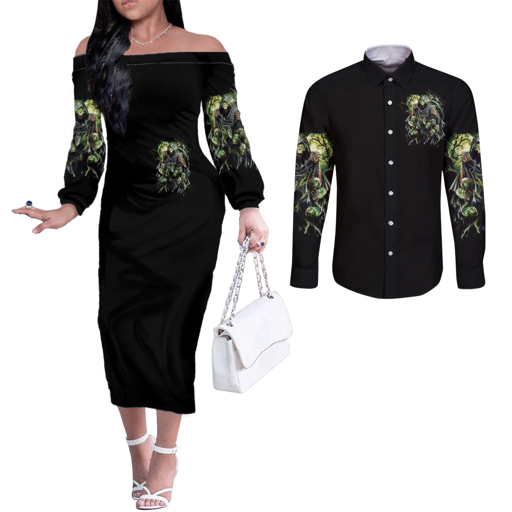 skull-reaper-couples-matching-off-the-shoulder-long-sleeve-dress-and-long-sleeve-button-shirts-i-going-to-hell-just-pick-you-up