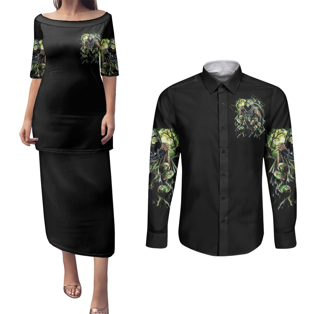 skull-reaper-couples-matching-puletasi-dress-and-long-sleeve-button-shirts-i-going-to-hell-just-pick-you-up