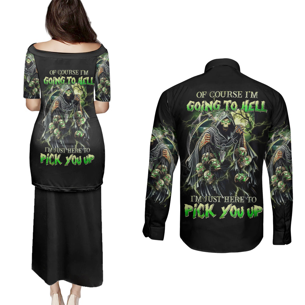 skull-reaper-couples-matching-puletasi-dress-and-long-sleeve-button-shirts-i-going-to-hell-just-pick-you-up