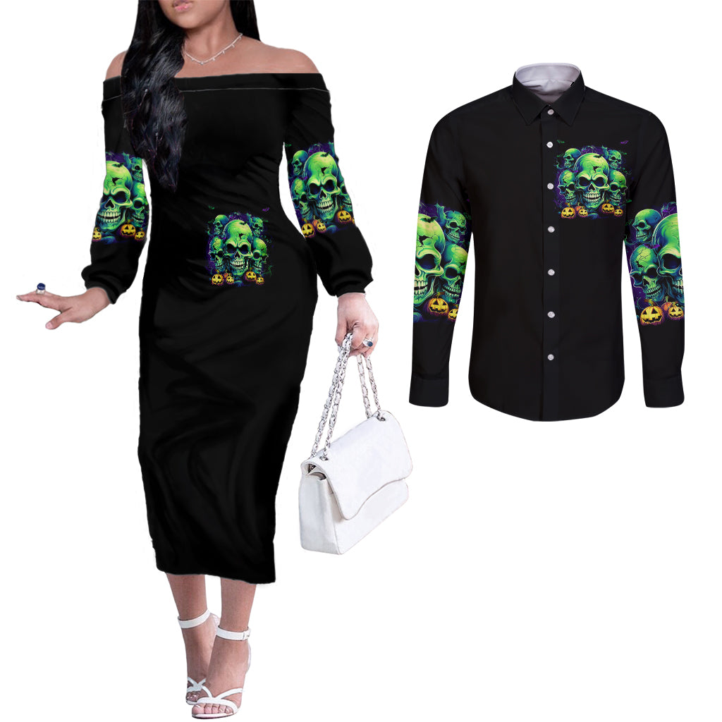 skull-pumpkin-couples-matching-off-the-shoulder-long-sleeve-dress-and-long-sleeve-button-shirts-i-have-three-side-quite-funny-and-side-you-never-want