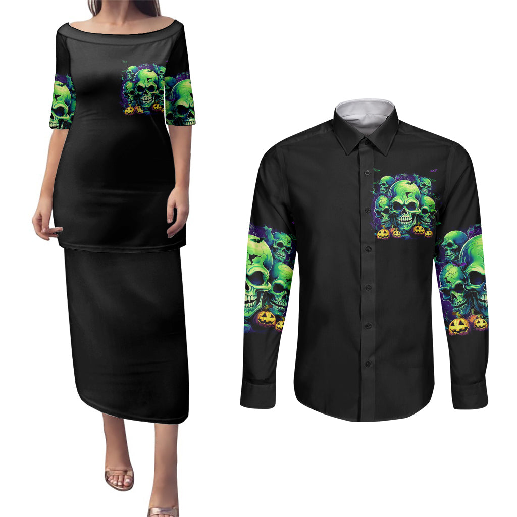 skull-pumpkin-couples-matching-puletasi-dress-and-long-sleeve-button-shirts-i-have-three-side-quite-funny-and-side-you-never-want