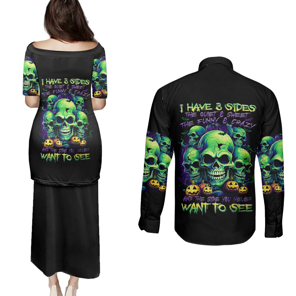 skull-pumpkin-couples-matching-puletasi-dress-and-long-sleeve-button-shirts-i-have-three-side-quite-funny-and-side-you-never-want