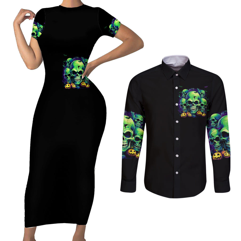 skull-pumpkin-couples-matching-short-sleeve-bodycon-dress-and-long-sleeve-button-shirts-i-have-three-side-quite-funny-and-side-you-never-want
