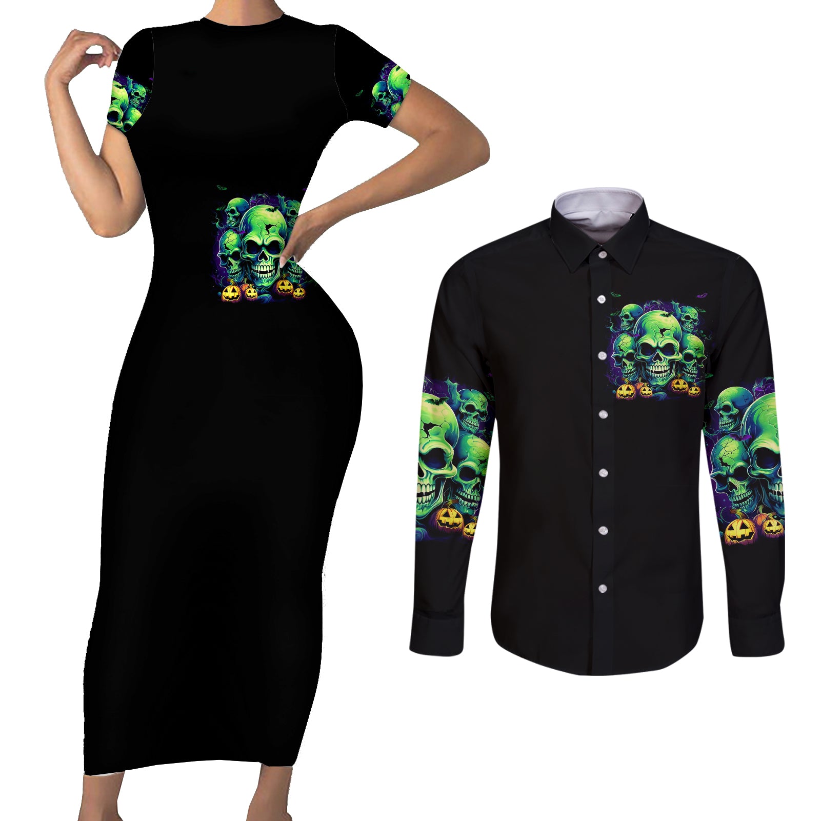 skull-pumpkin-couples-matching-short-sleeve-bodycon-dress-and-long-sleeve-button-shirts-i-have-three-side-quite-funny-and-side-you-never-want