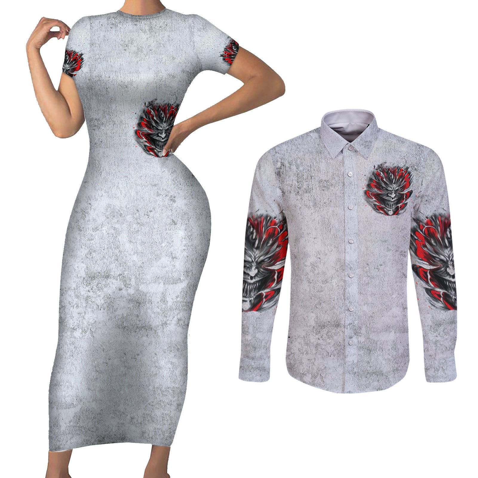 devil-skull-couples-matching-short-sleeve-bodycon-dress-and-long-sleeve-button-shirts-i-never-alone-my-demon-with-me-247