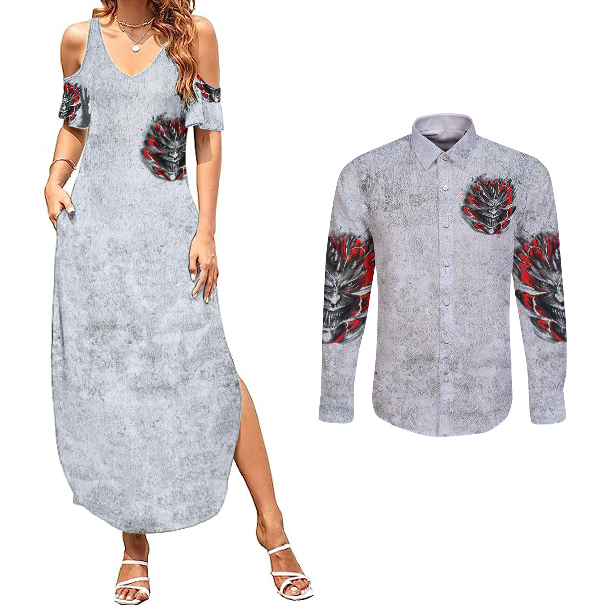 devil-skull-couples-matching-summer-maxi-dress-and-long-sleeve-button-shirts-i-never-alone-my-demon-with-me-247