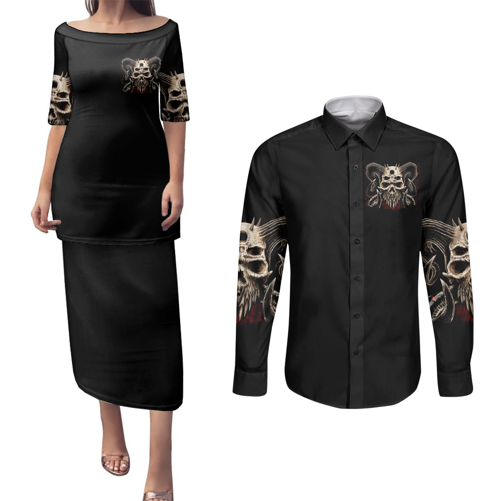 satan-skull-couples-matching-puletasi-dress-and-long-sleeve-button-shirts-i-never-alone-my-demon-with-me-247