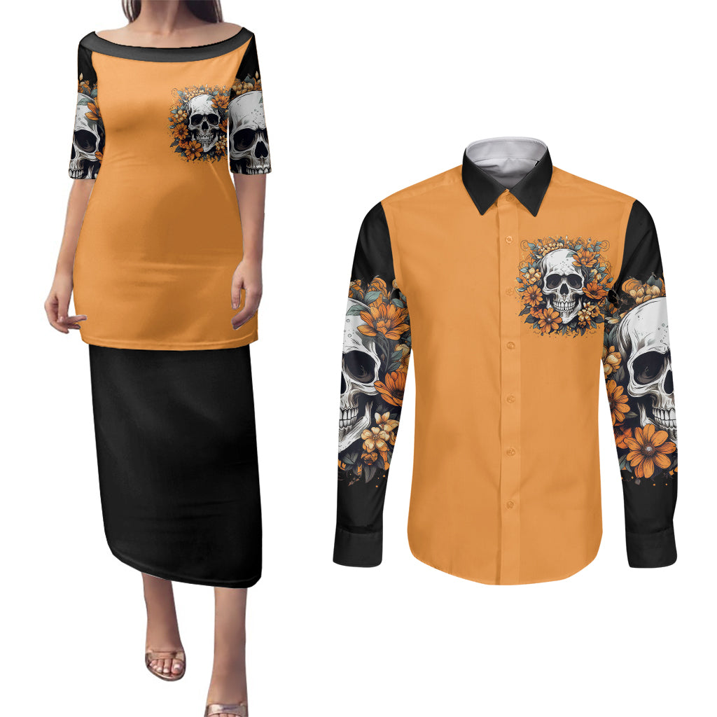 flower-skull-couples-matching-puletasi-dress-and-long-sleeve-button-shirts-i-try-to-avoid-drama