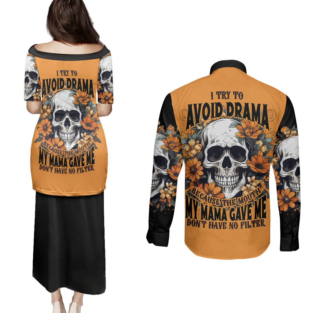 flower-skull-couples-matching-puletasi-dress-and-long-sleeve-button-shirts-i-try-to-avoid-drama