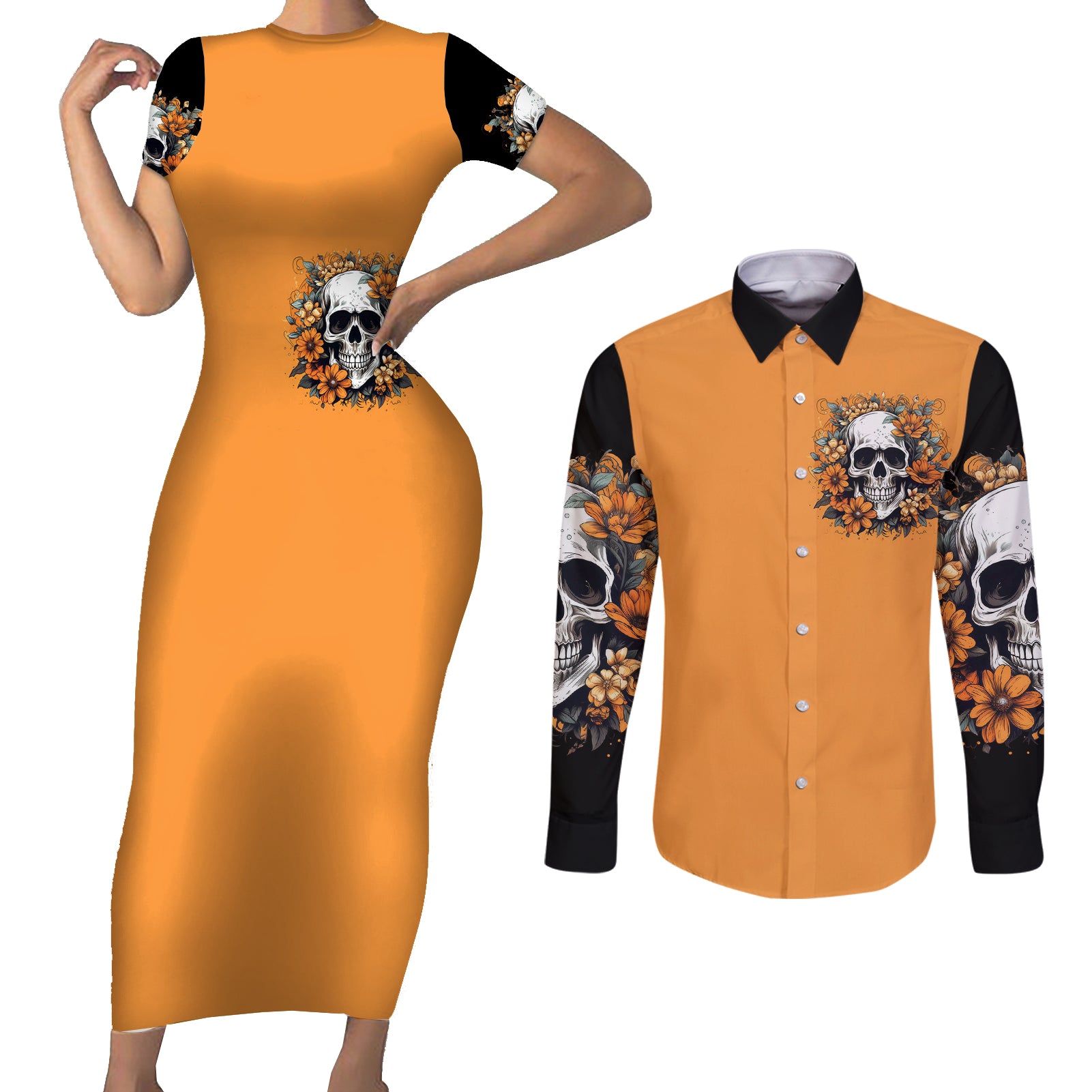 flower-skull-couples-matching-short-sleeve-bodycon-dress-and-long-sleeve-button-shirts-i-try-to-avoid-drama
