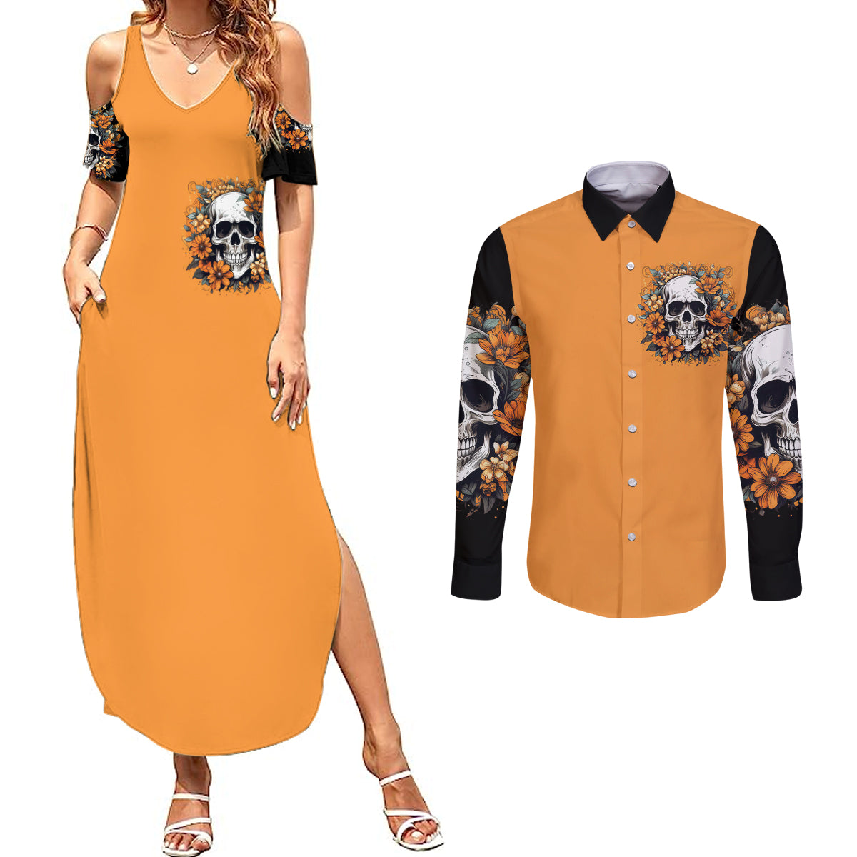 flower-skull-couples-matching-summer-maxi-dress-and-long-sleeve-button-shirts-i-try-to-avoid-drama