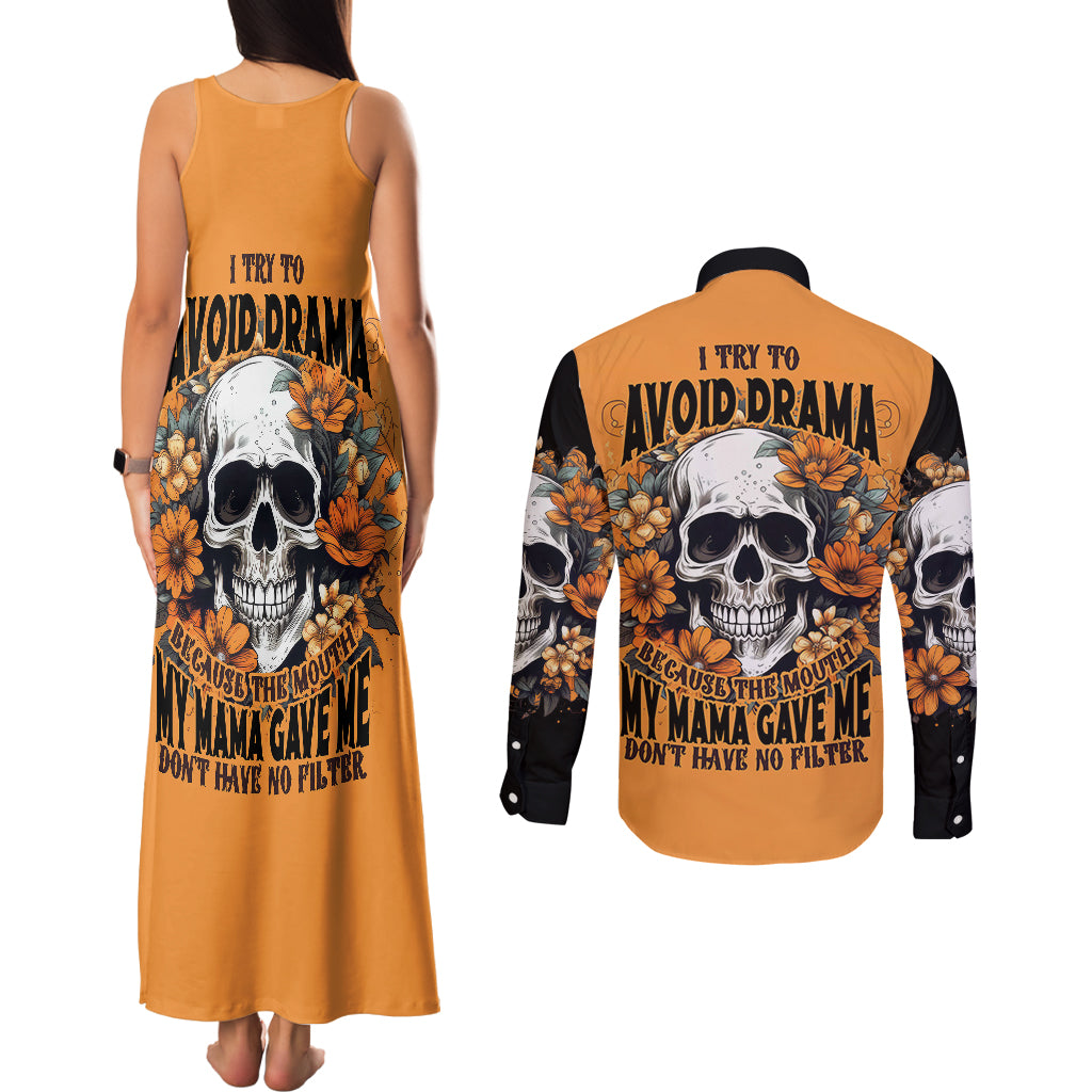 flower-skull-couples-matching-tank-maxi-dress-and-long-sleeve-button-shirts-i-try-to-avoid-drama