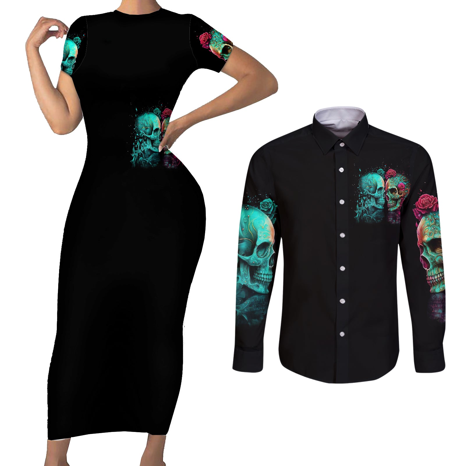 twin-skull-couples-matching-short-sleeve-bodycon-dress-and-long-sleeve-button-shirts-dont-try-to-figure-me-out-im-a-special
