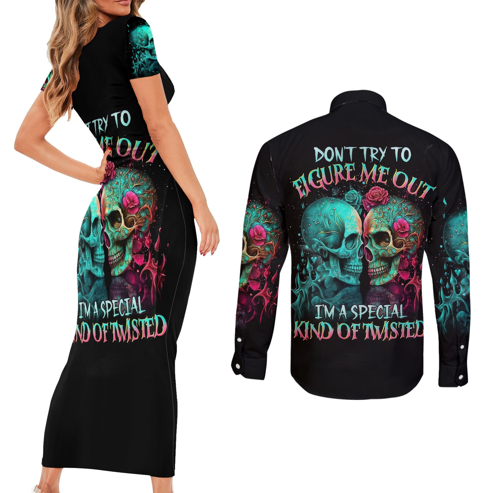 twin-skull-couples-matching-short-sleeve-bodycon-dress-and-long-sleeve-button-shirts-dont-try-to-figure-me-out-im-a-special