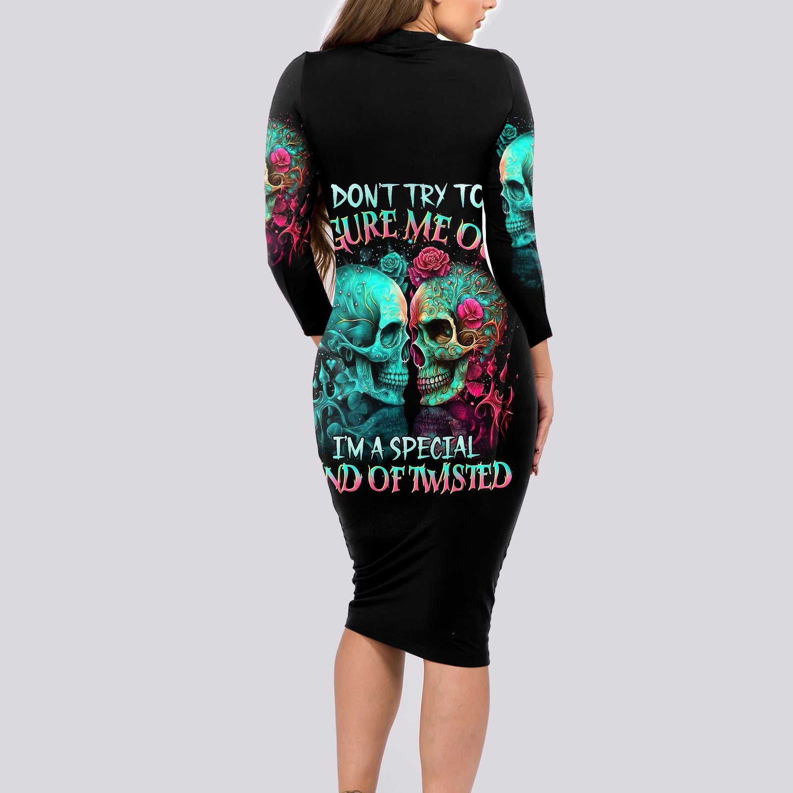 twin-skull-long-sleeve-bodycon-dress-dont-try-to-figure-me-out-im-a-special