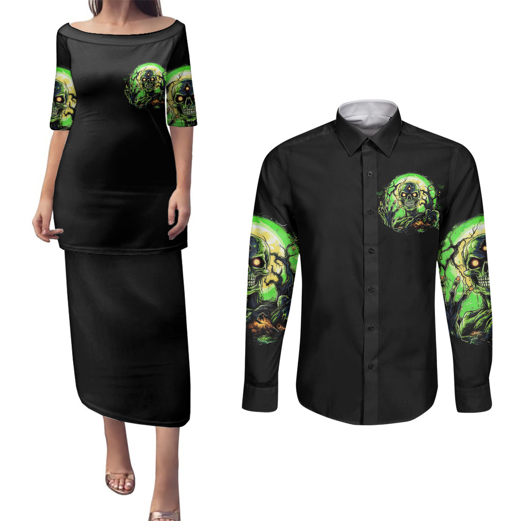 zombie-skull-couples-matching-puletasi-dress-and-long-sleeve-button-shirts-i-never-alone-my-demon-with-me-247