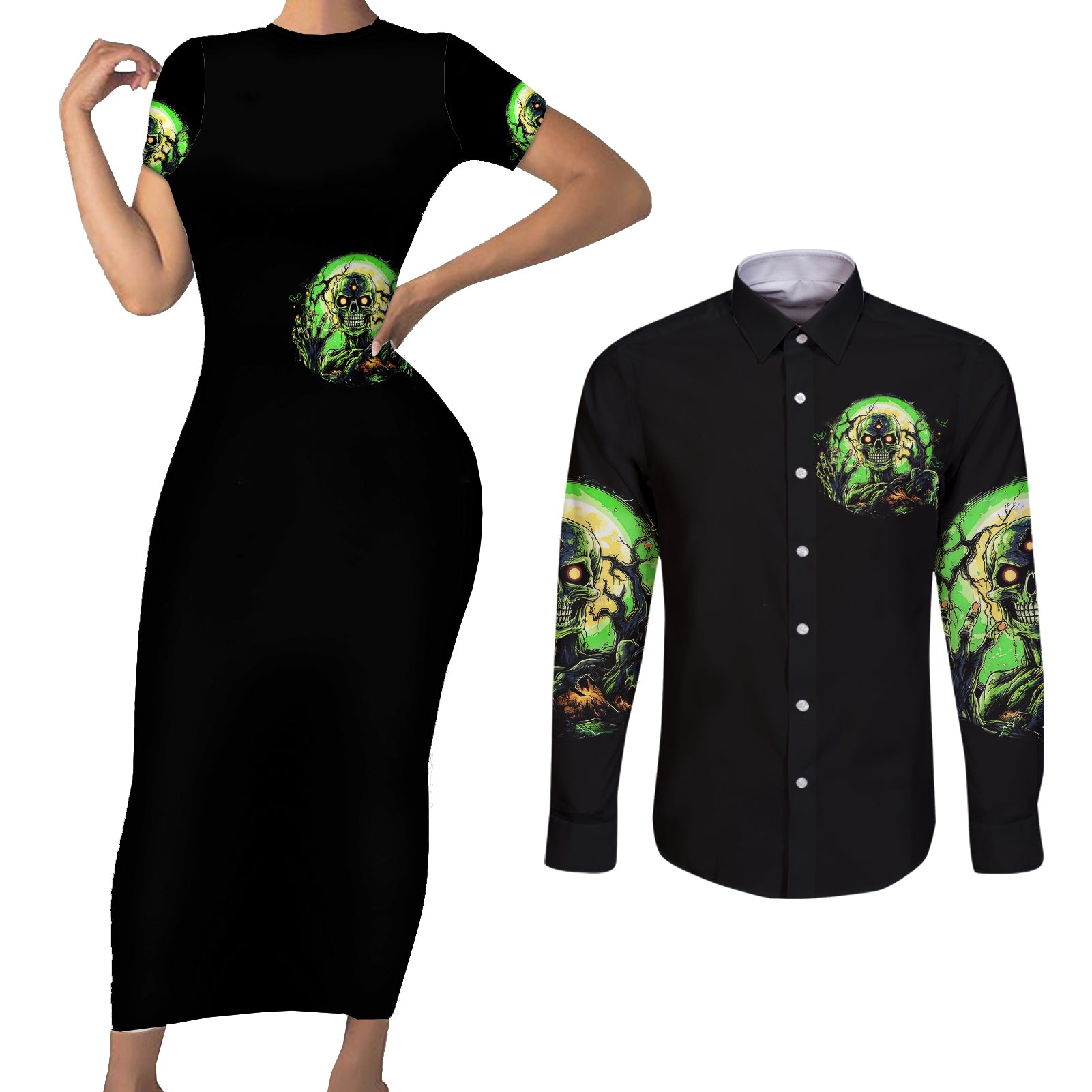 zombie-skull-couples-matching-short-sleeve-bodycon-dress-and-long-sleeve-button-shirts-i-never-alone-my-demon-with-me-247