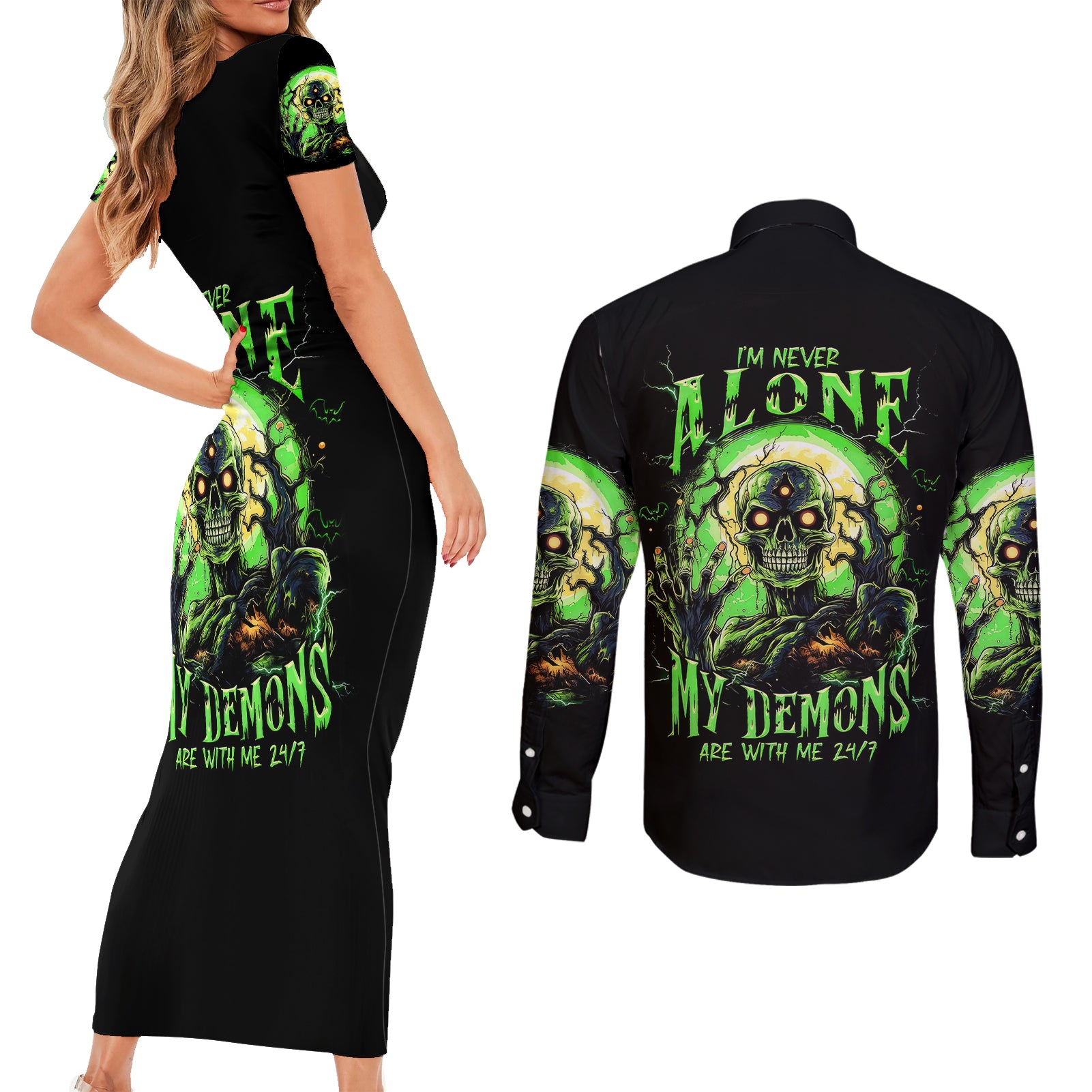 zombie-skull-couples-matching-short-sleeve-bodycon-dress-and-long-sleeve-button-shirts-i-never-alone-my-demon-with-me-247